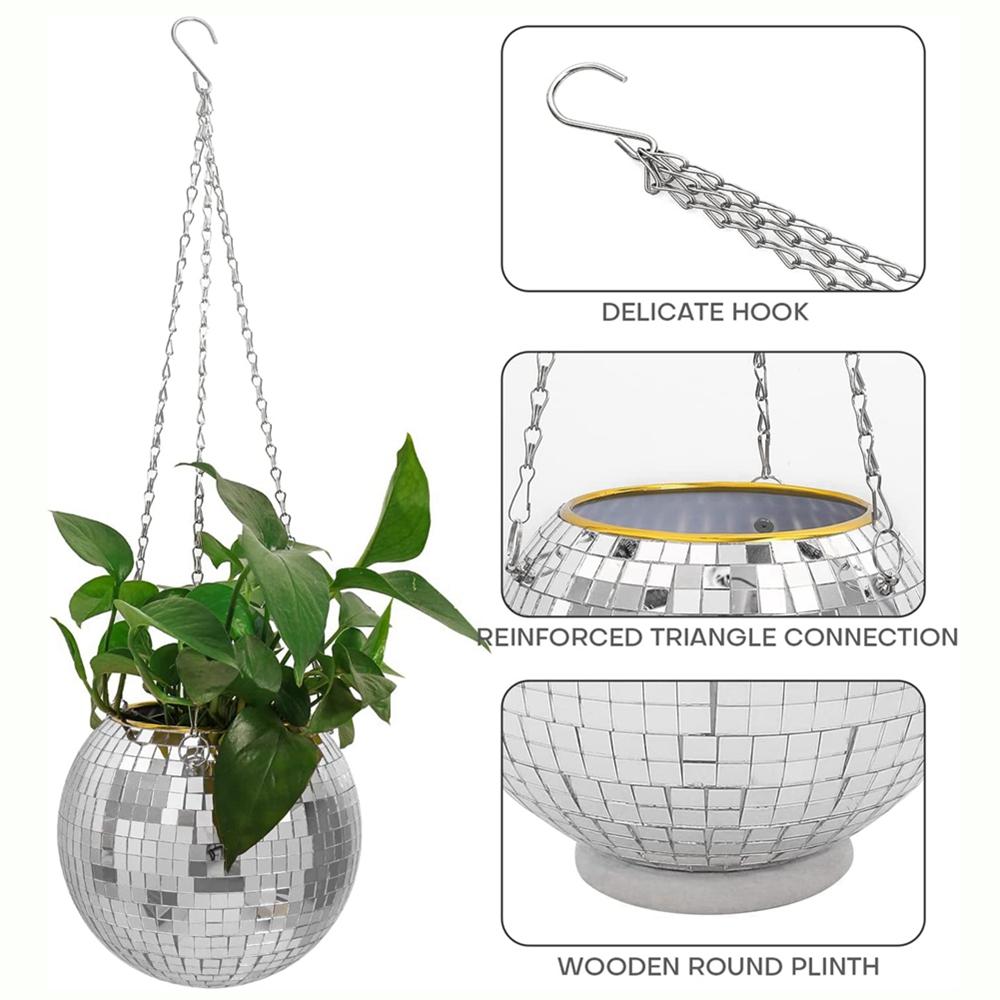 Sunnyway Creatieve hangende bloempot discobalvorm plantenbak reflecterende mand spiegelbol bloempot met houten standaard voor woondecoratie