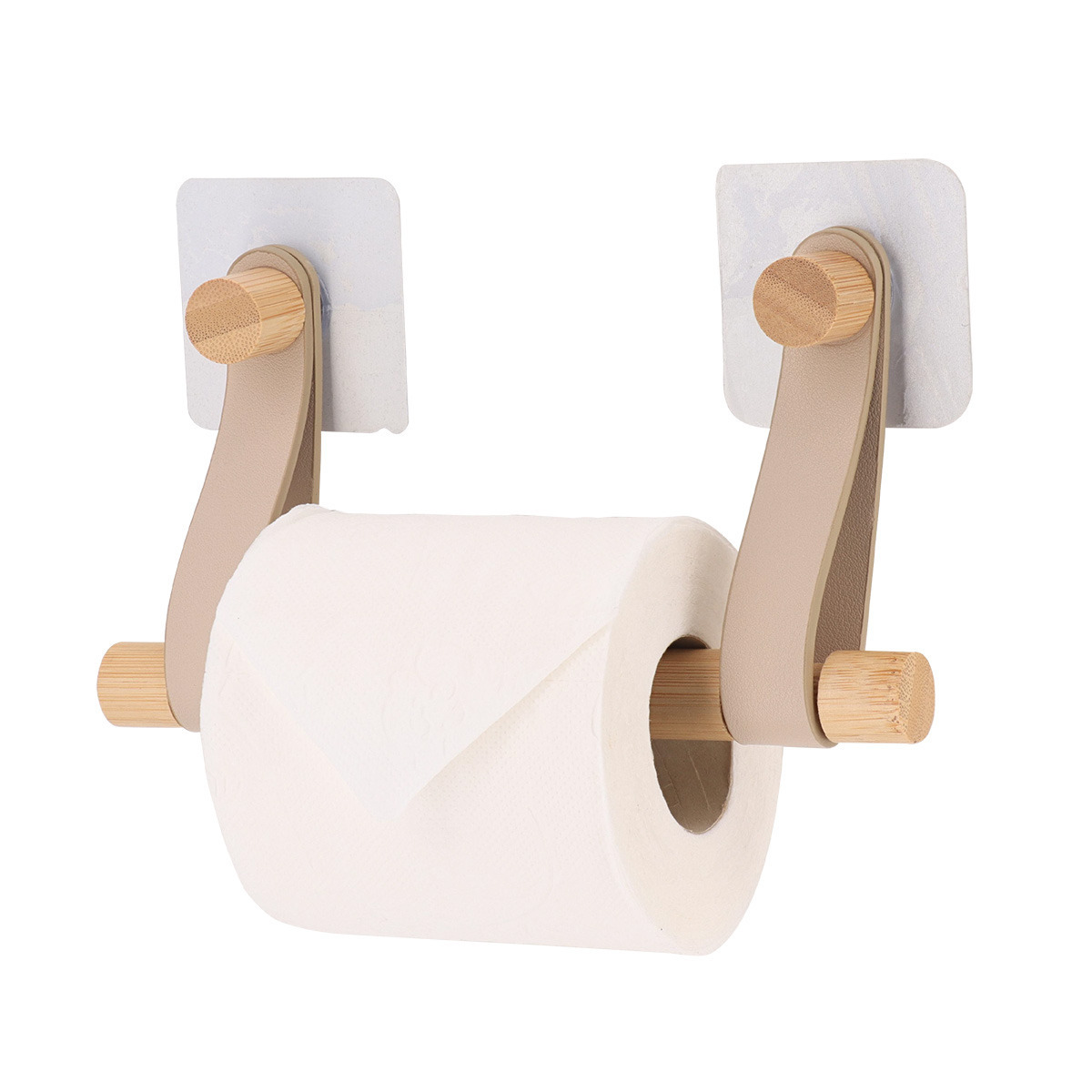 Tendance Toiletrolhouder wand/muur - zelfklevend - beige - bamboe/kunstleer - zonder boren -