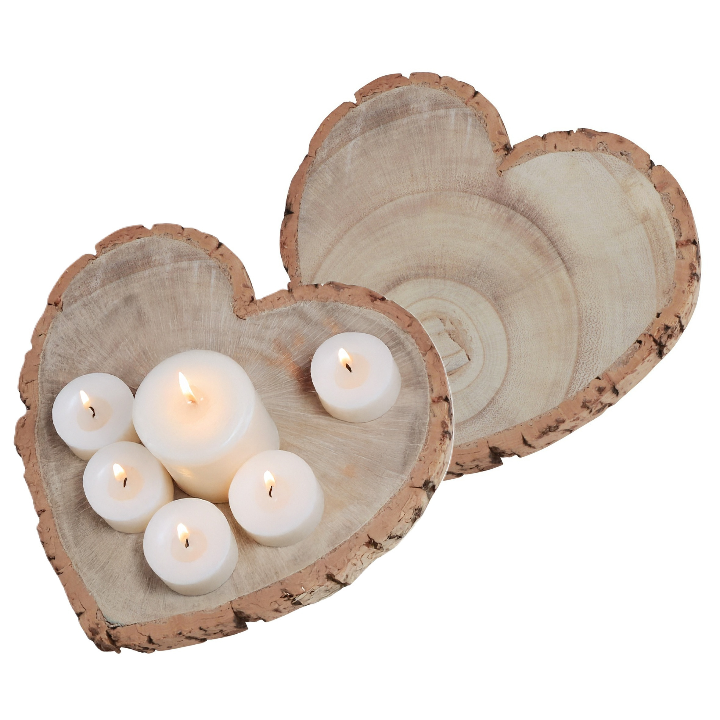 Chaks Kaarsenbord/decoratie dienblad - 2x - houten boomschijf - 19 x 3 cm - hartvormig -