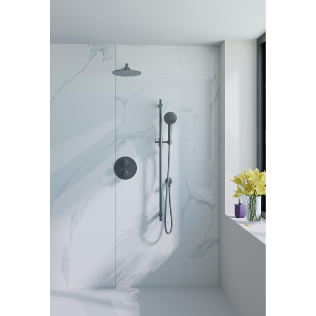 Fortifura Calvi Inbouw Regendoucheset - rond - thermostatisch - wandarm - glijstang - 25cm hoofddouche - handdouche rond - gladde doucheslang - Geborsteld Gunmetal PVD SW720556/SW720563/SW721165/SW721