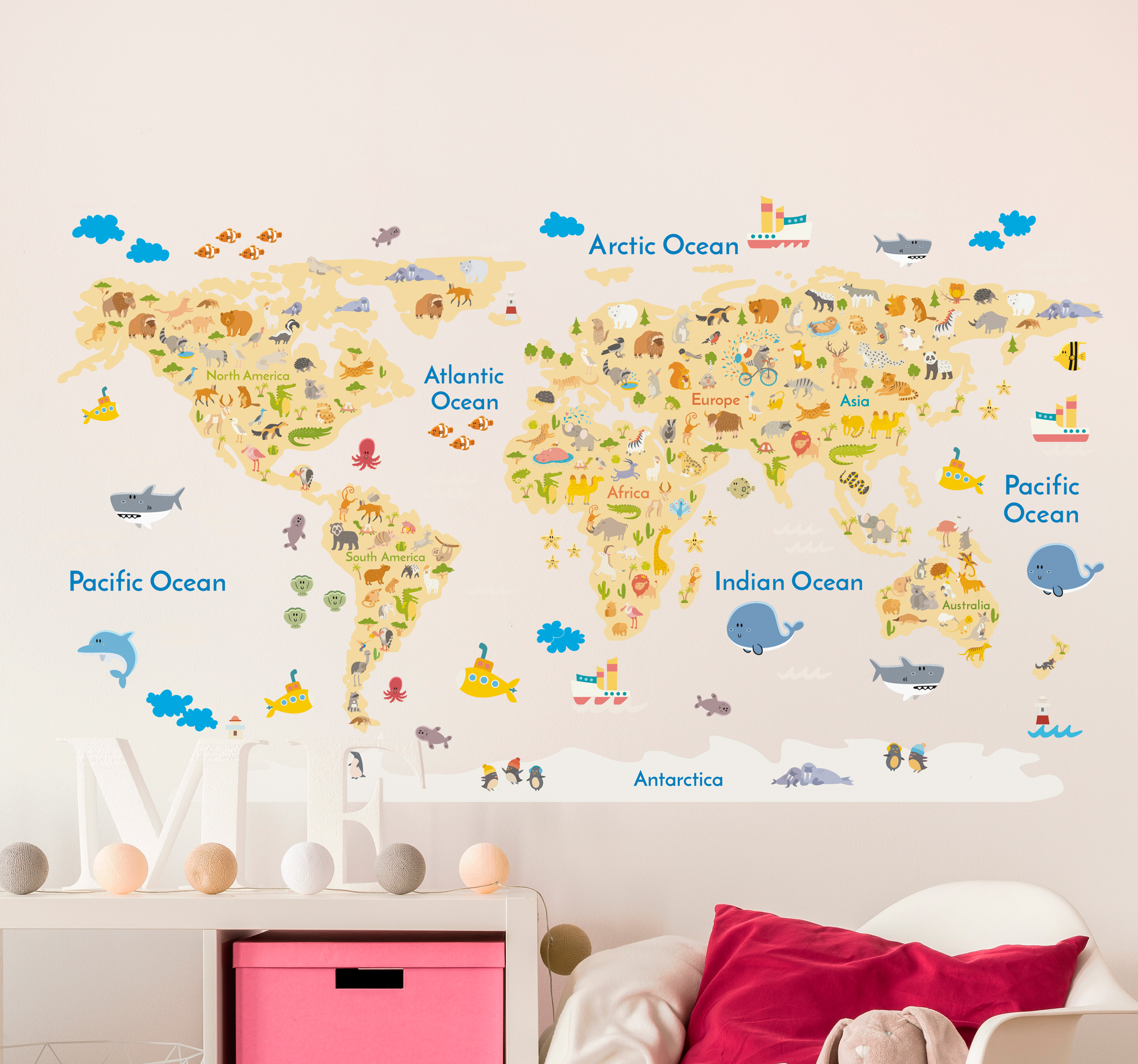 Tenstickers Muursticker wereldkaart kinderkamer fauna