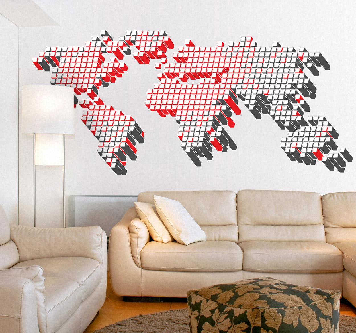Tenstickers Muursticker wereldkaart gestippeld wit rood