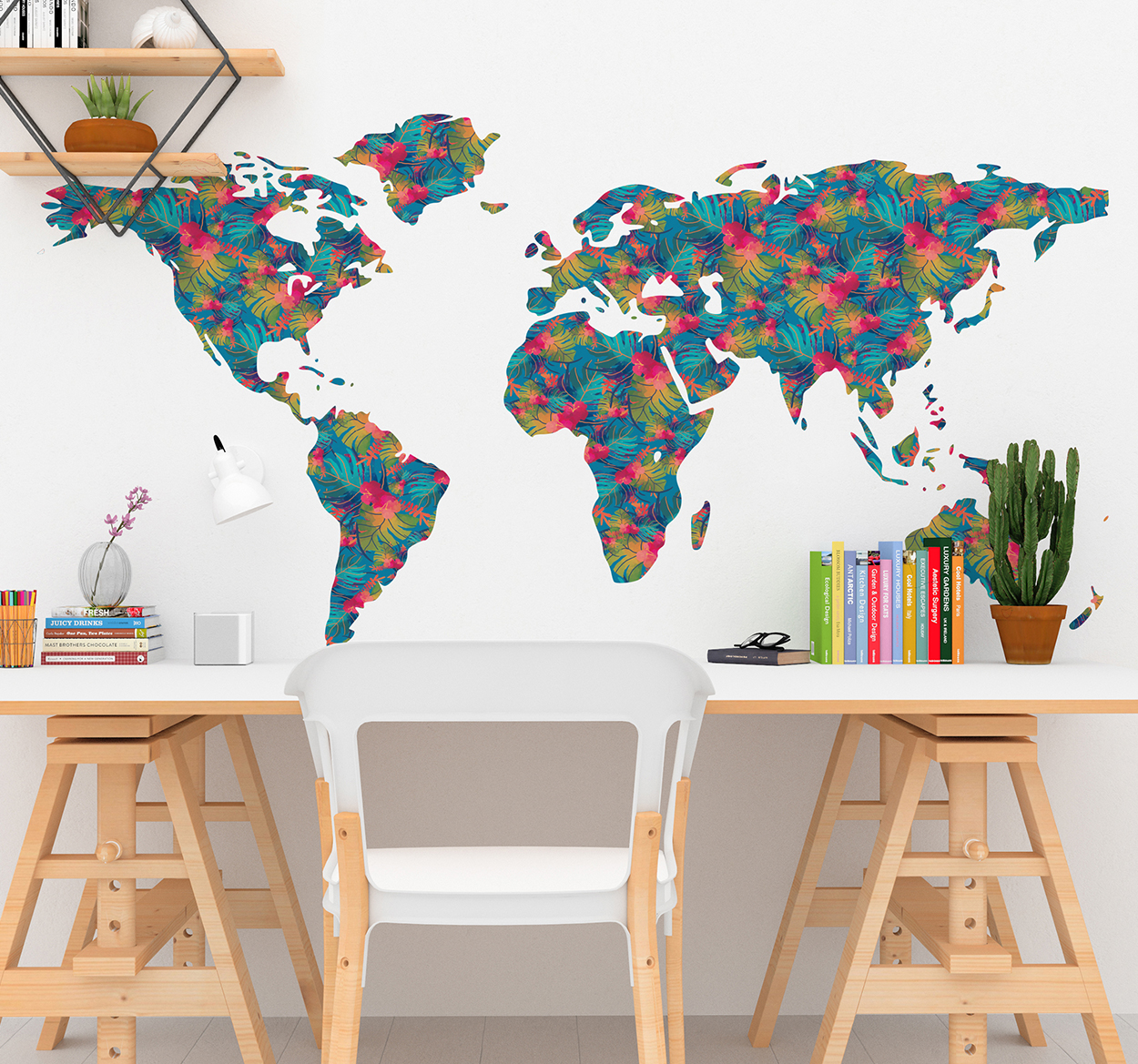 Tenstickers Wereldmap jungle bloemen