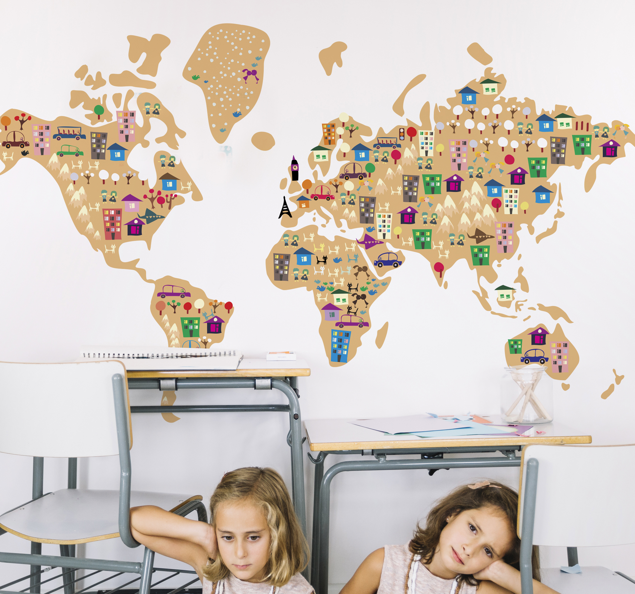 Tenstickers Muurstickers wereldkaart kinderkamer steden