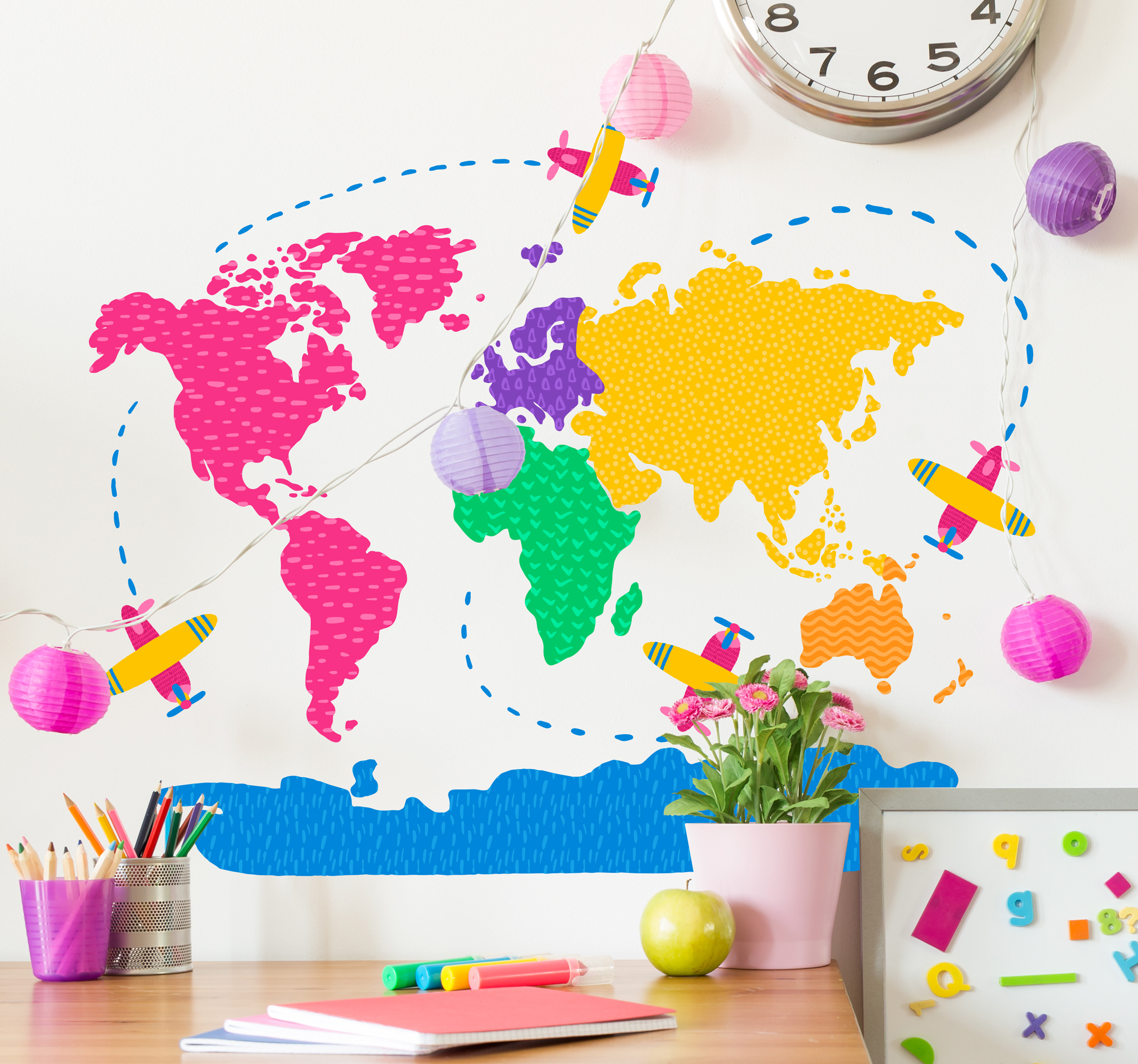 Tenstickers Muurstickers wereldkaart kinderkamer kleurrijk