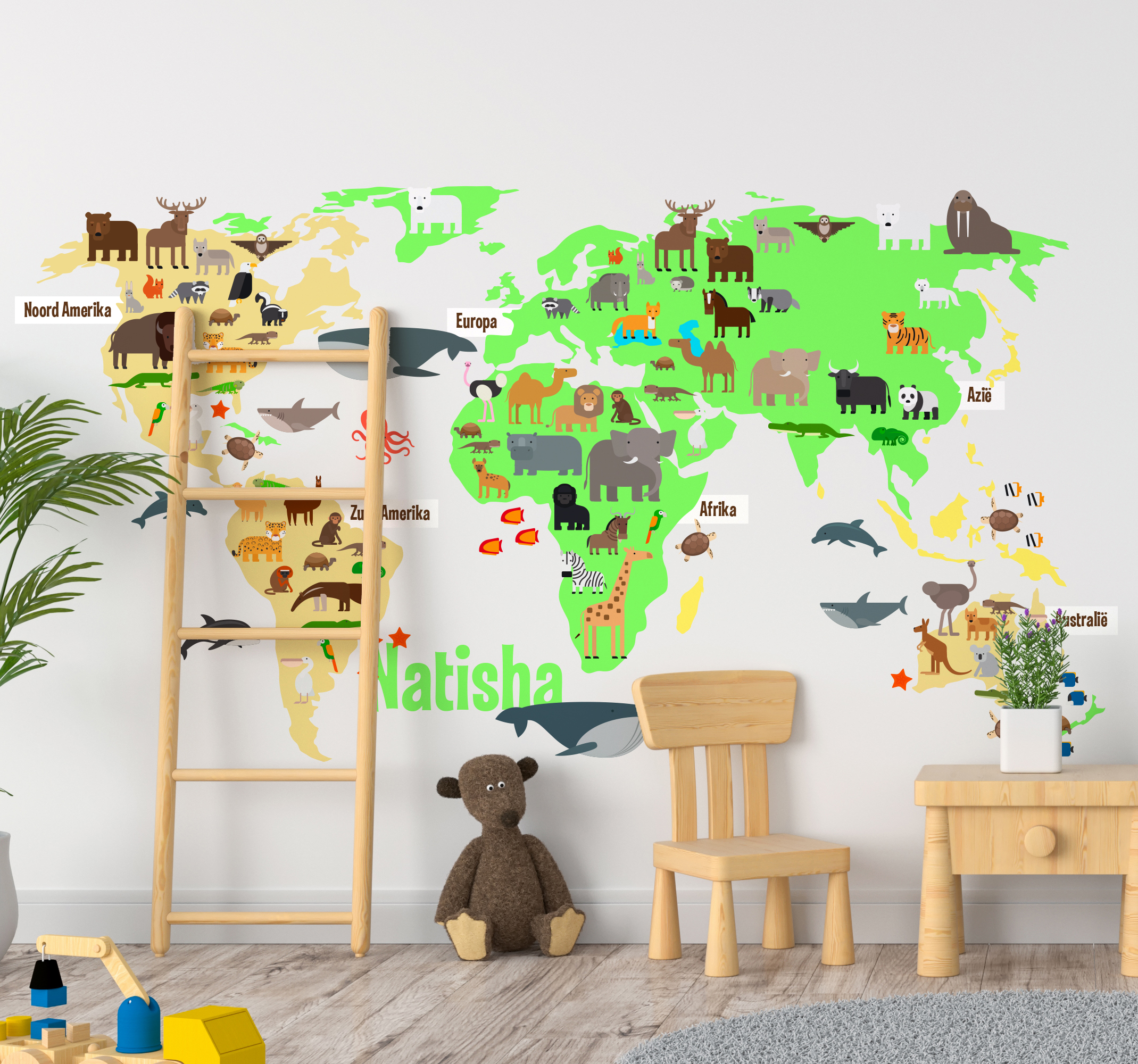 Tenstickers Muursticker wereldkaart kinderkamer dieren met naam