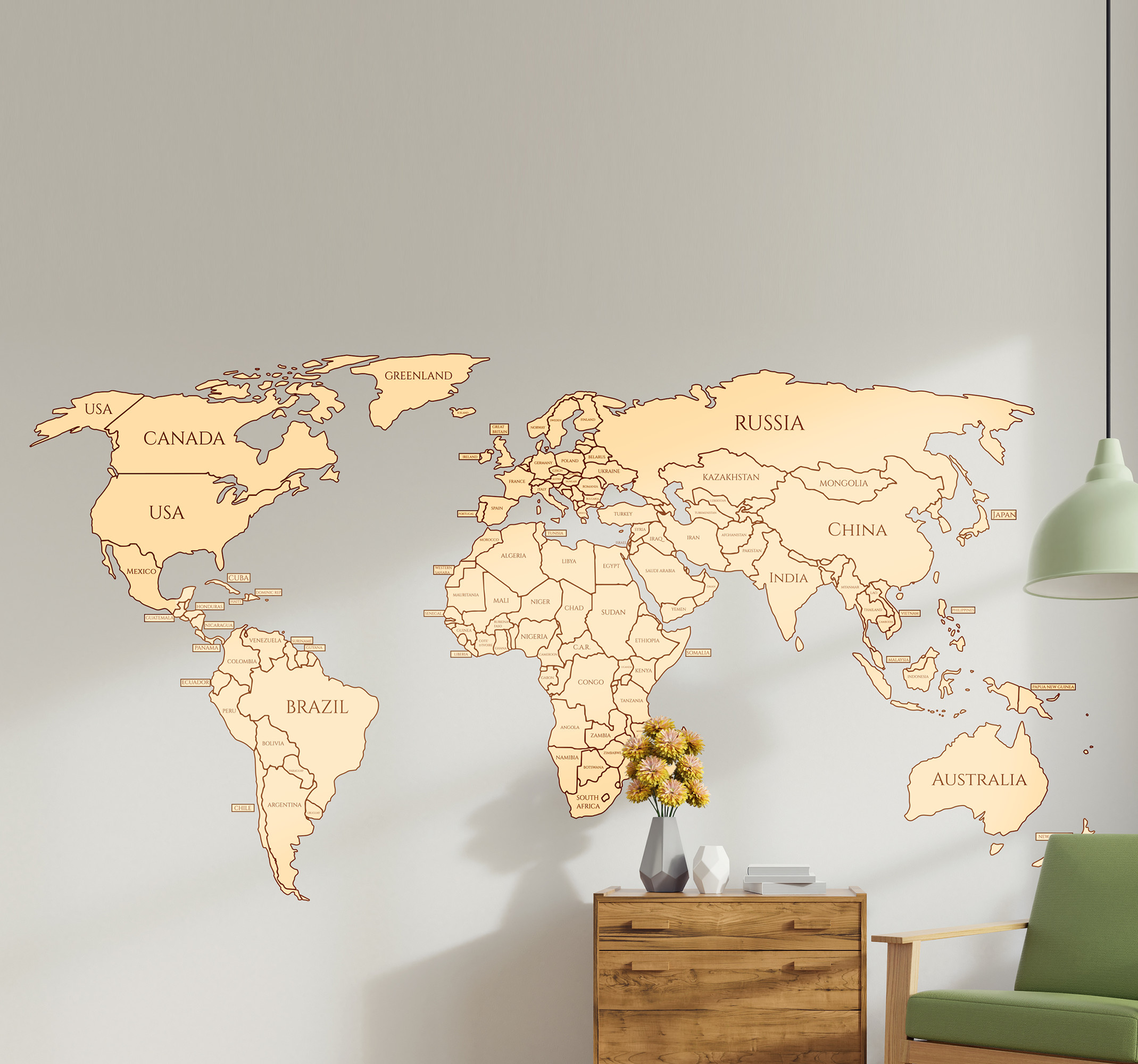 Tenstickers Muursticker wereldkaart geel