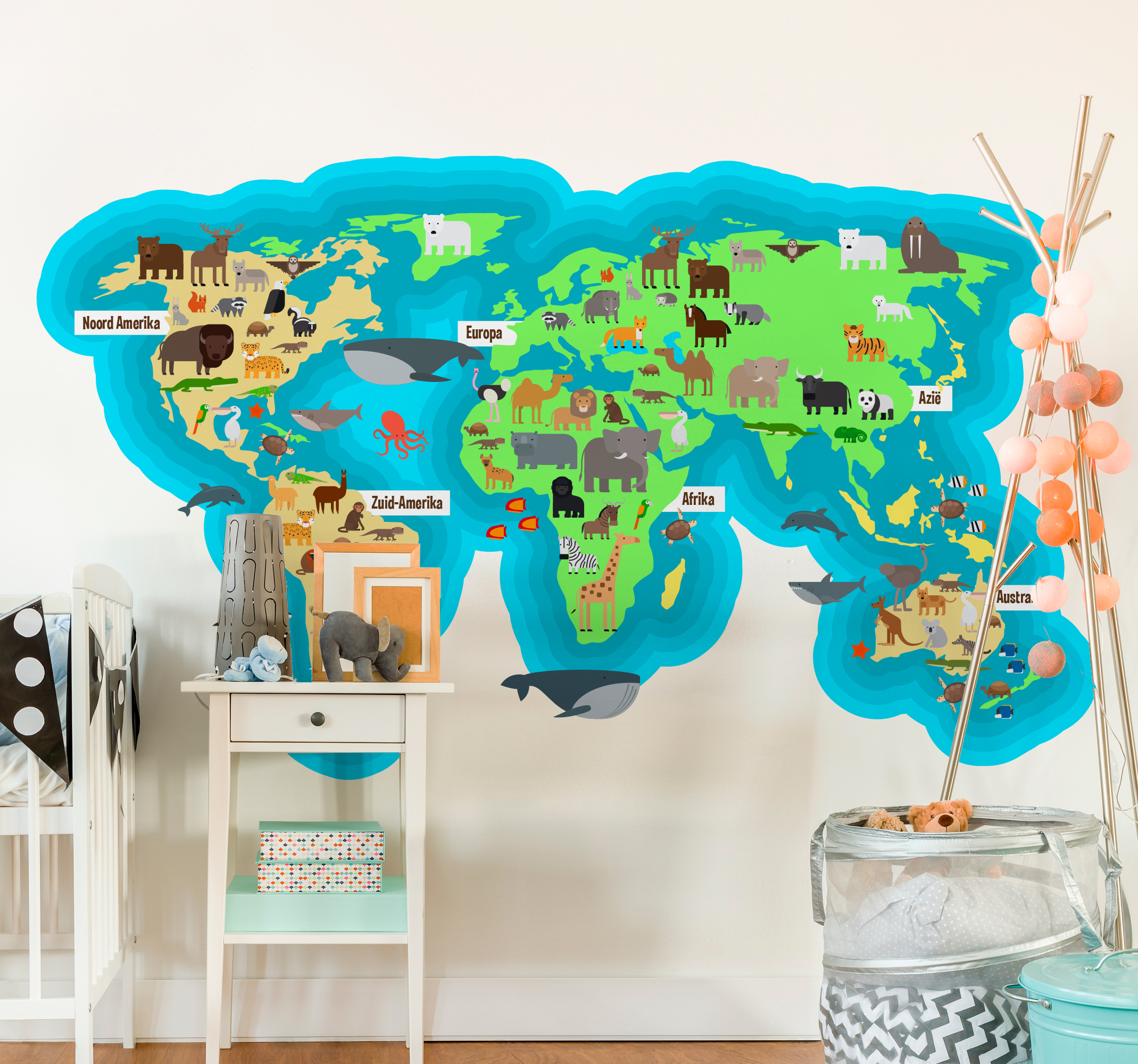 Tenstickers Muursticker wereldkaart kinderkamer dieren en water