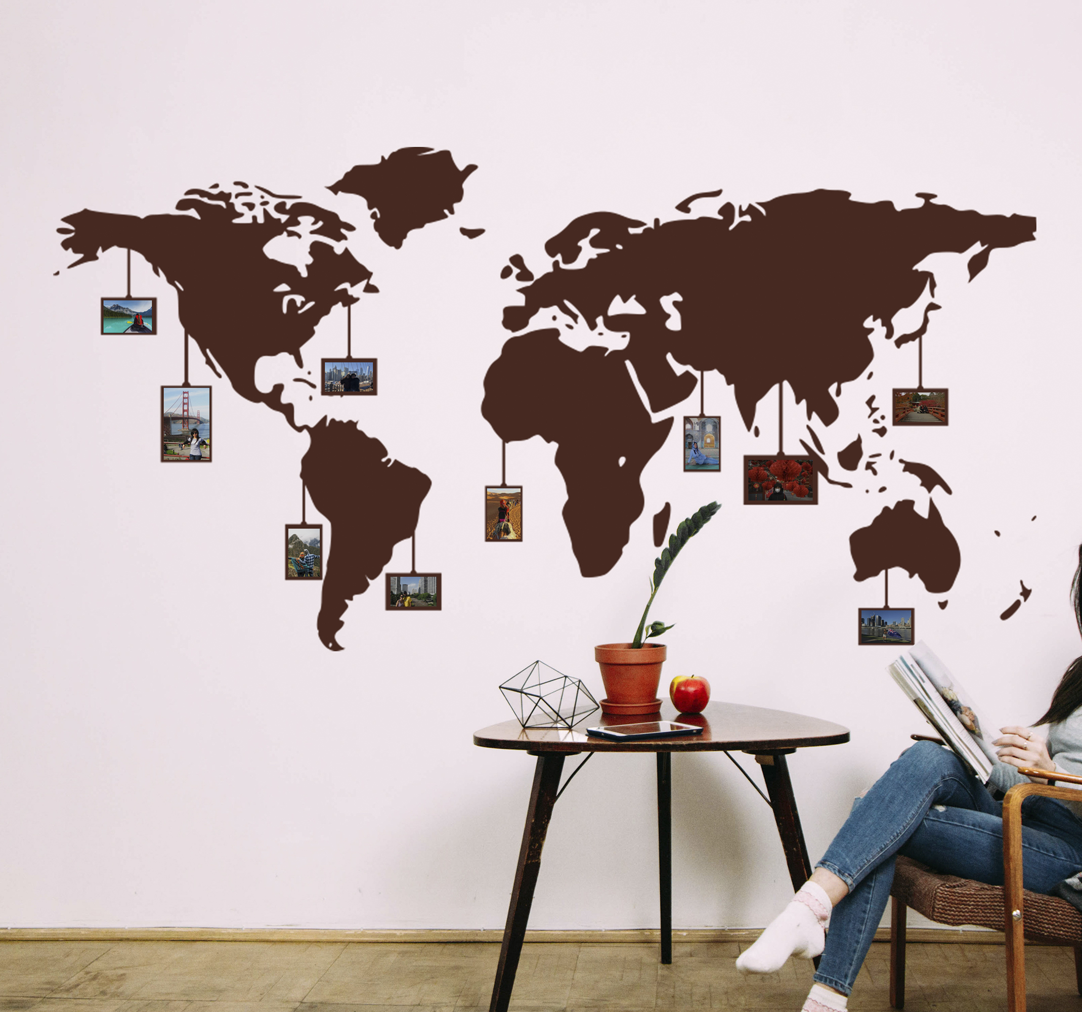 Tenstickers Muursticker wereldkaart met foto's