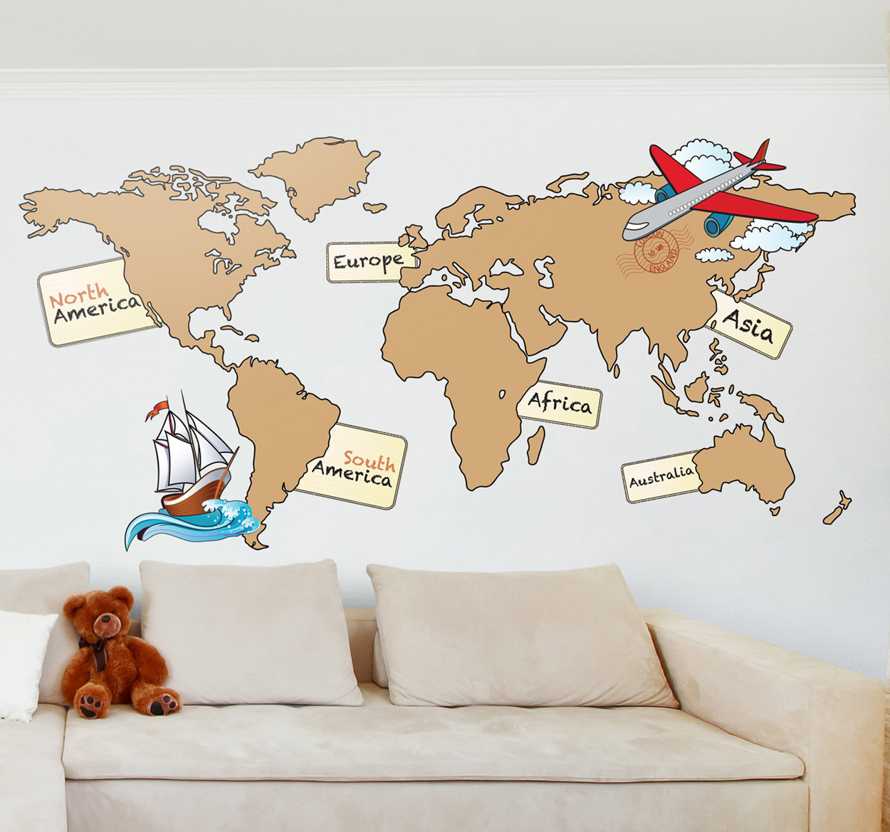Tenstickers Muurstickers wereldkaart kinderkamer continenten