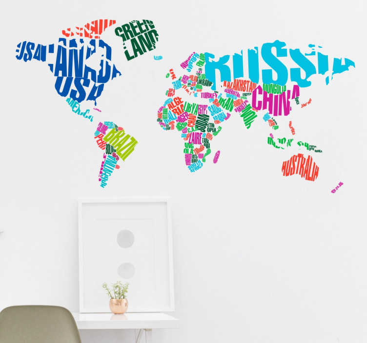 Tenstickers Muursticker wereldkaart kleurrijke letters