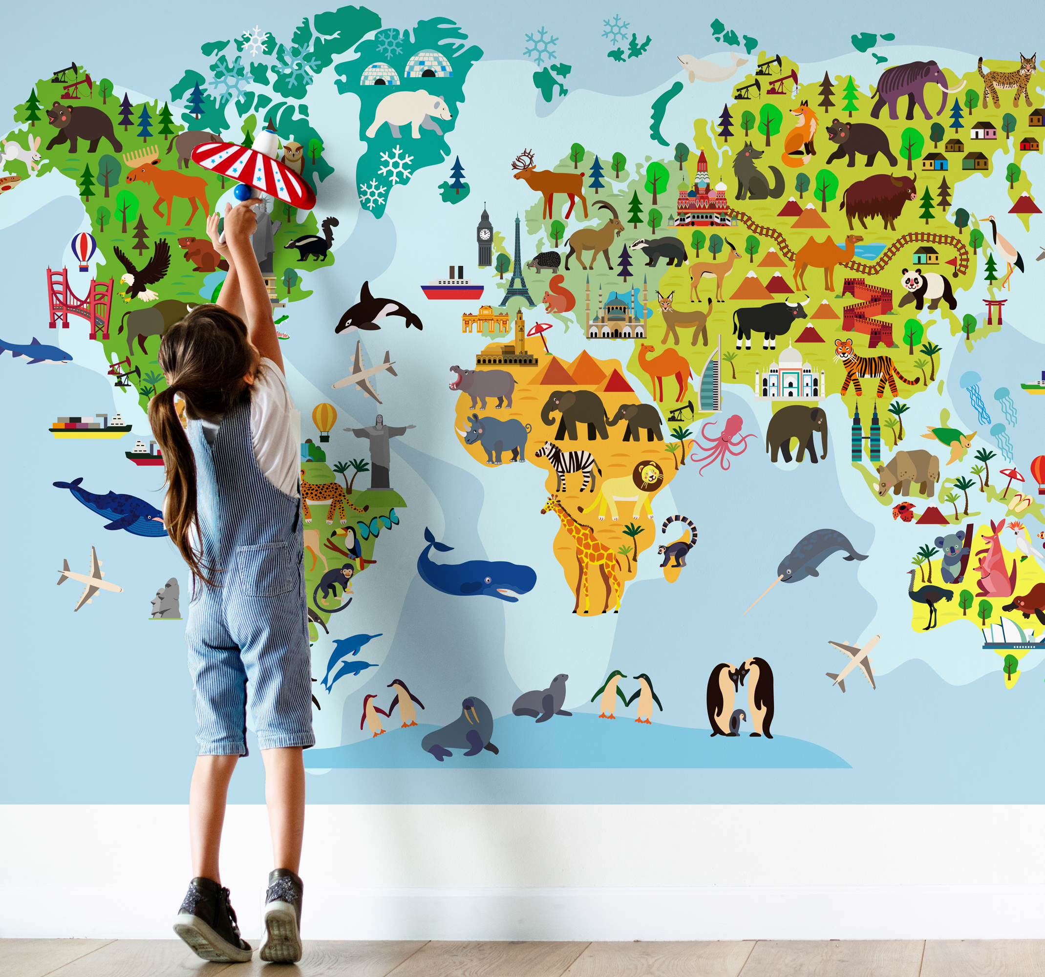 Tenstickers Wereldkaart monumenten en dieren