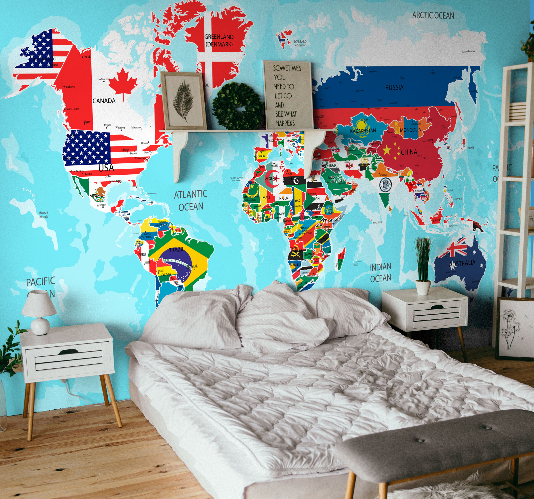 Tenstickers Fotobehang wereldkaart op maat Wereldkaart met vlaggen