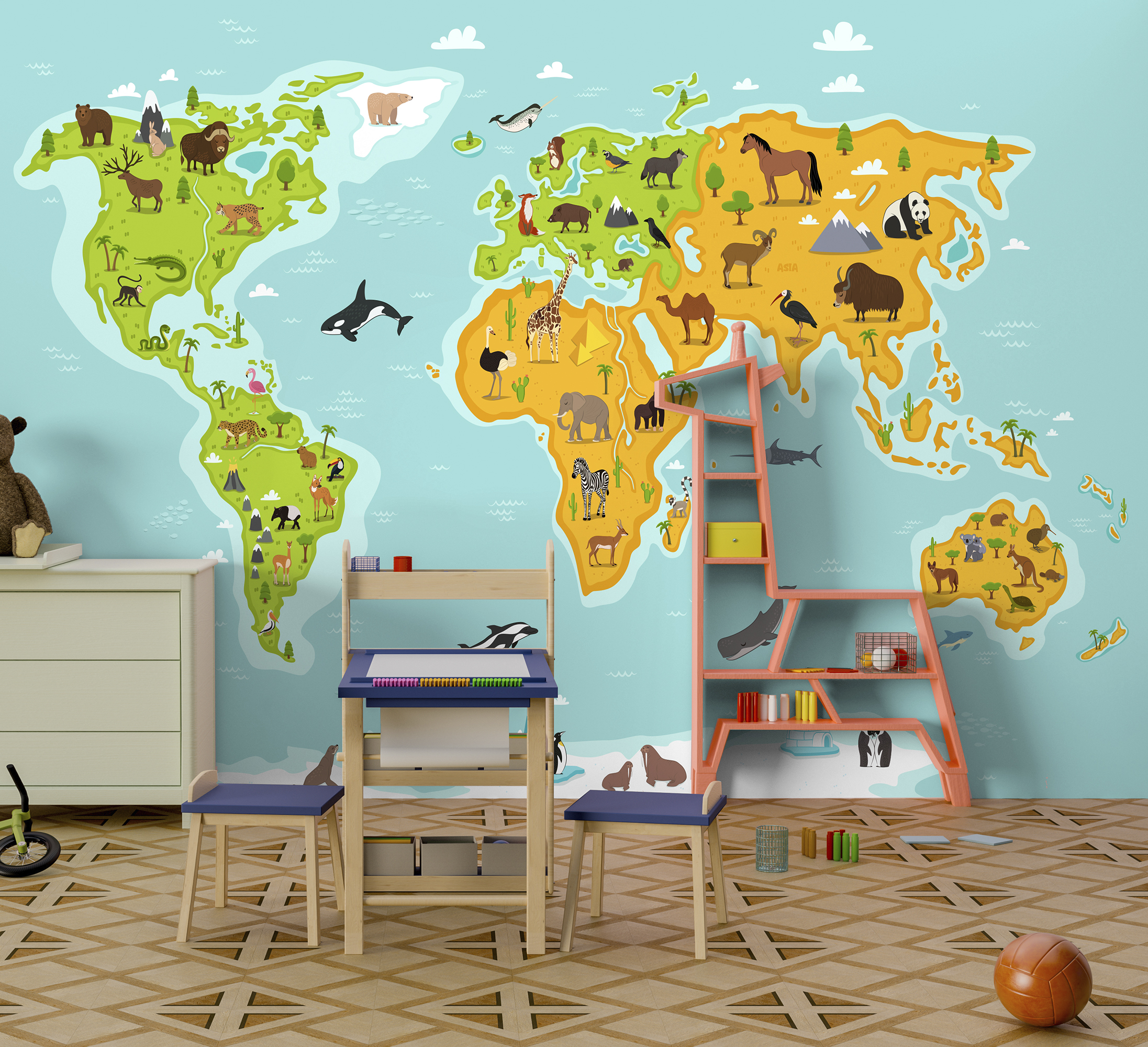 Tenstickers Dieren wereldkaart fotobehang