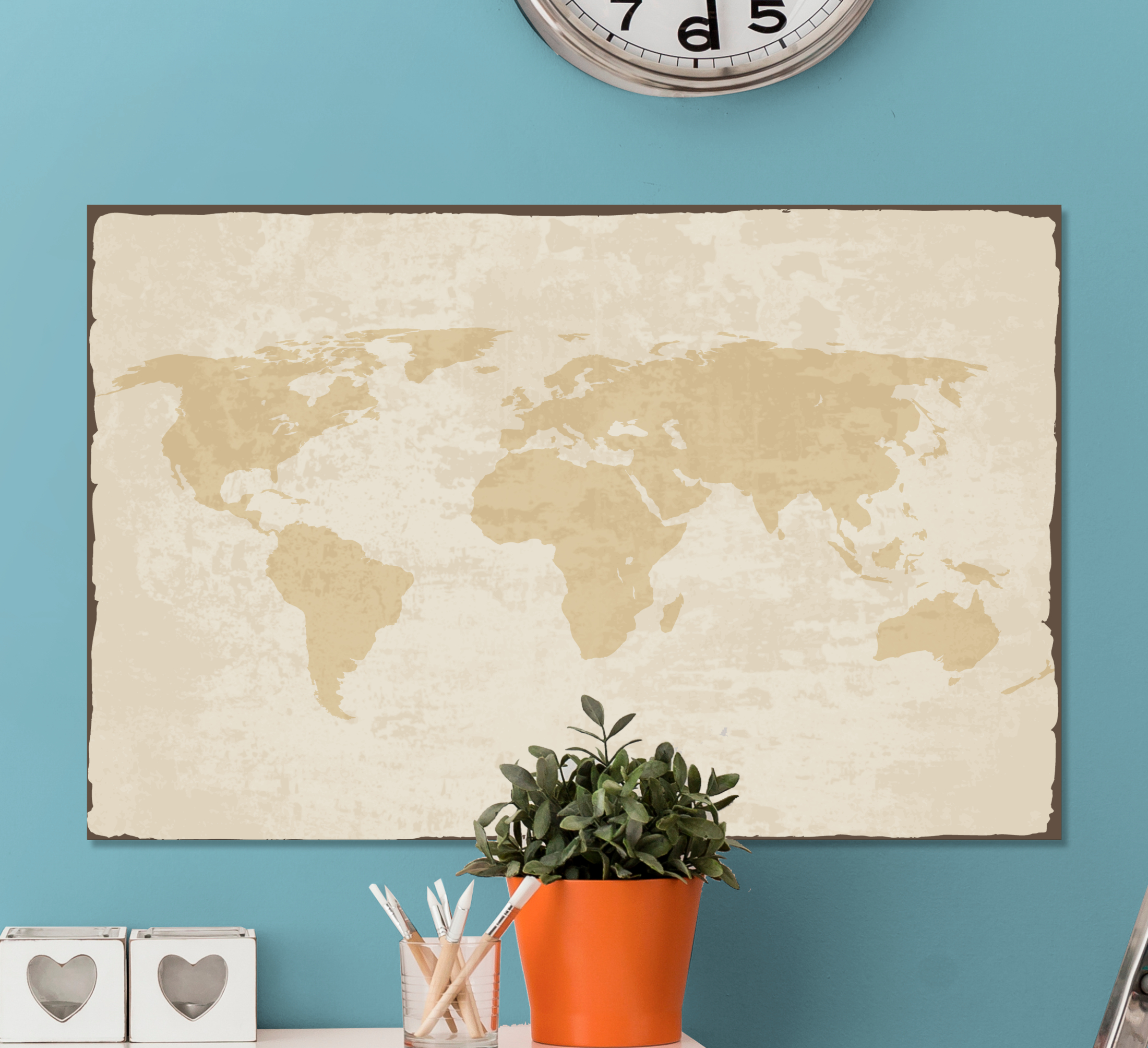 Tenstickers Wereldkaart canvas schilderij Vintage wit en beige