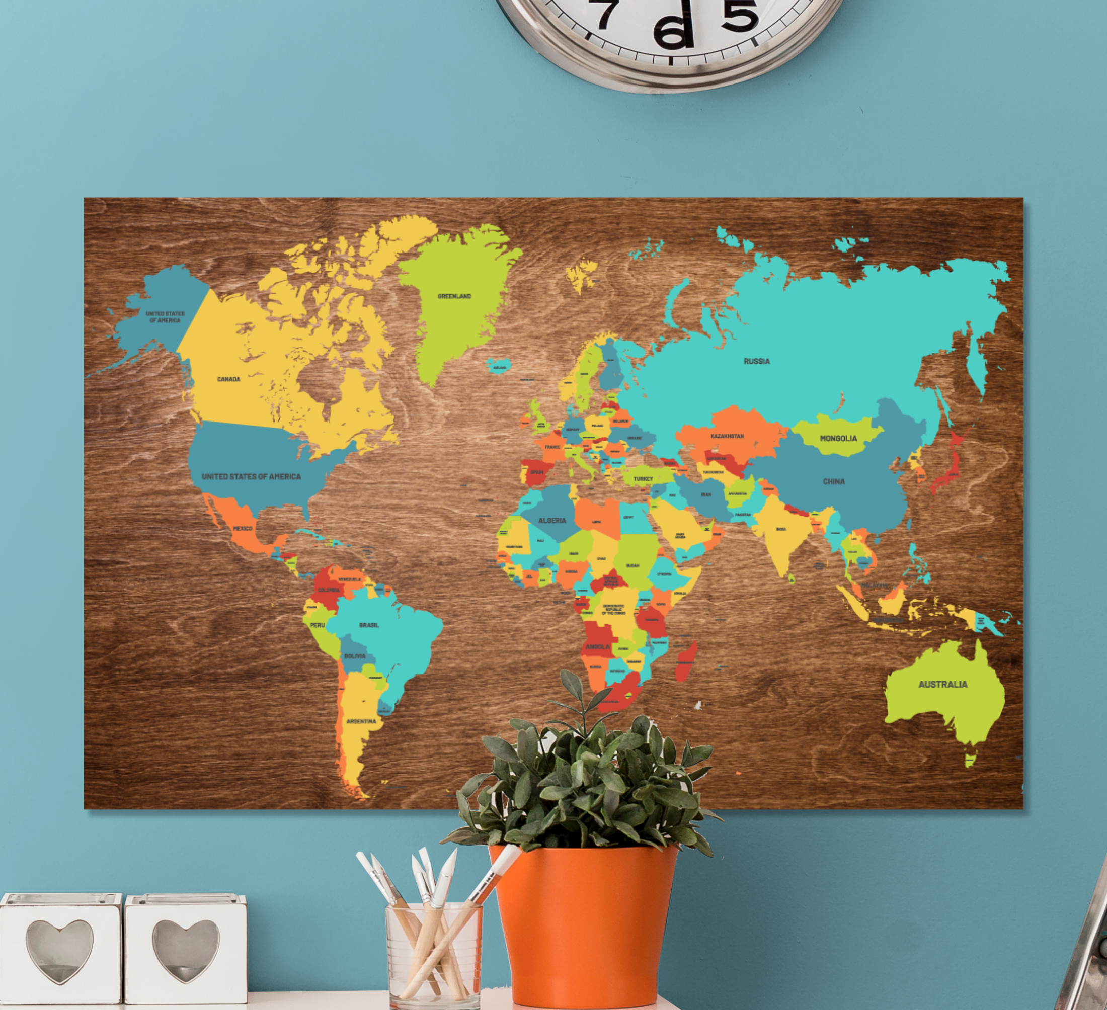 Tenstickers Wereldkaart canvas schilderij Hout textuur