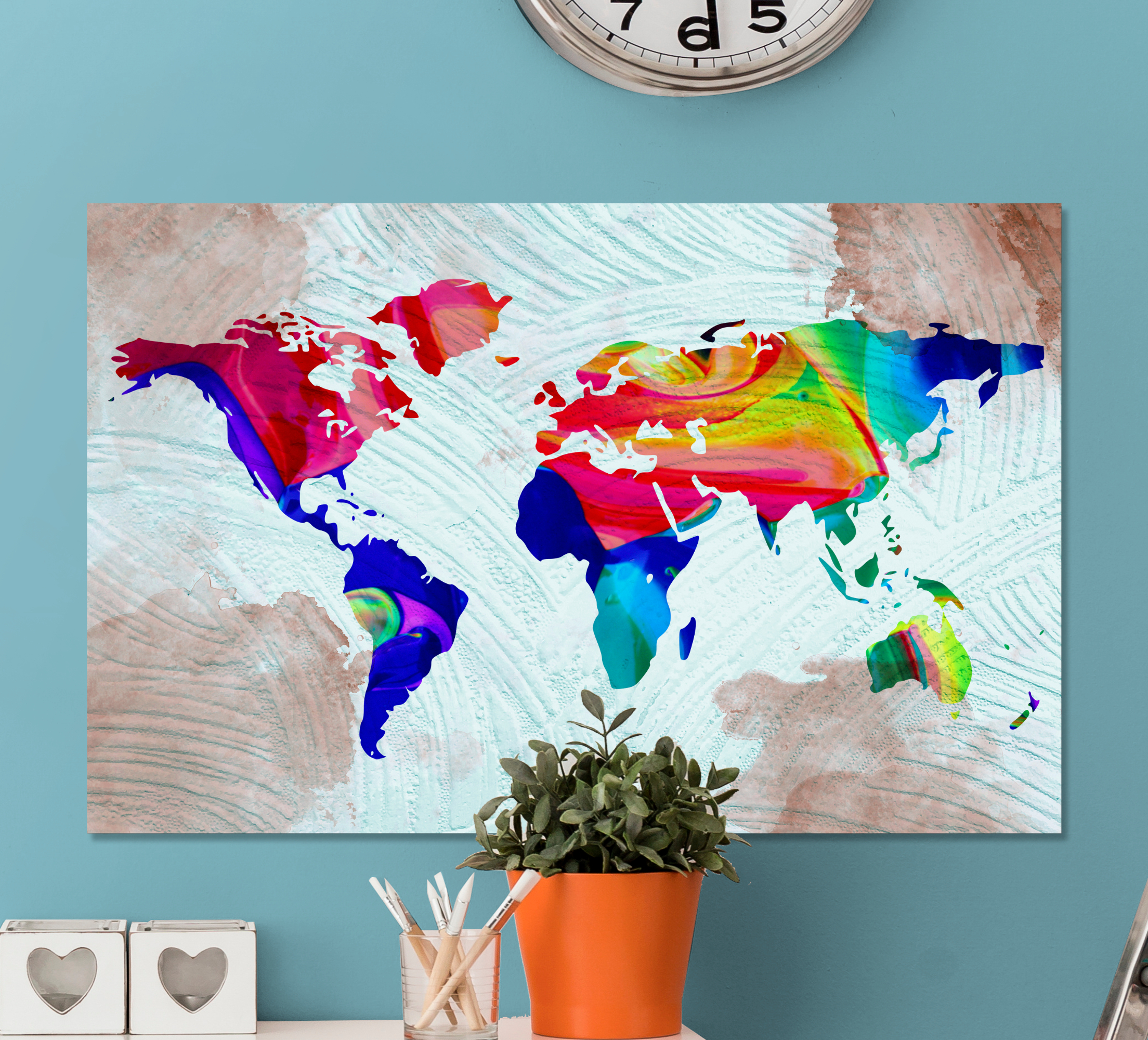 Tenstickers Wereldkaart canvas schilderij Veelkleurig artistiek