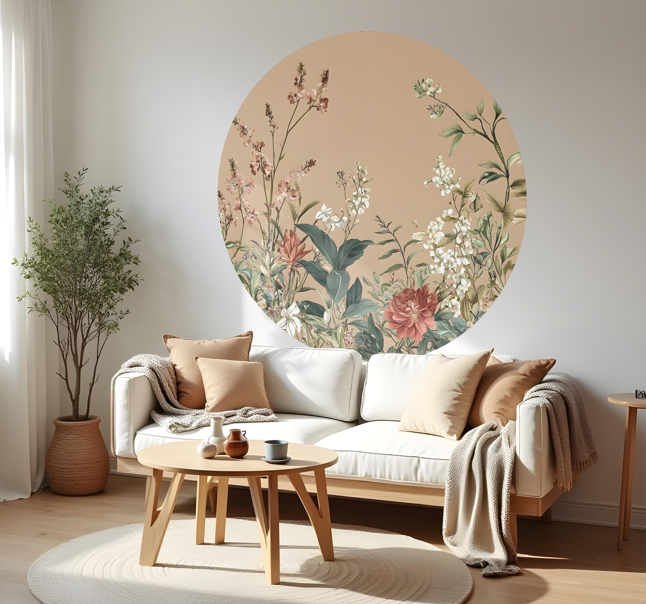 Tenstickers Beige cirkelvormig bloemenheiligdom muursticker