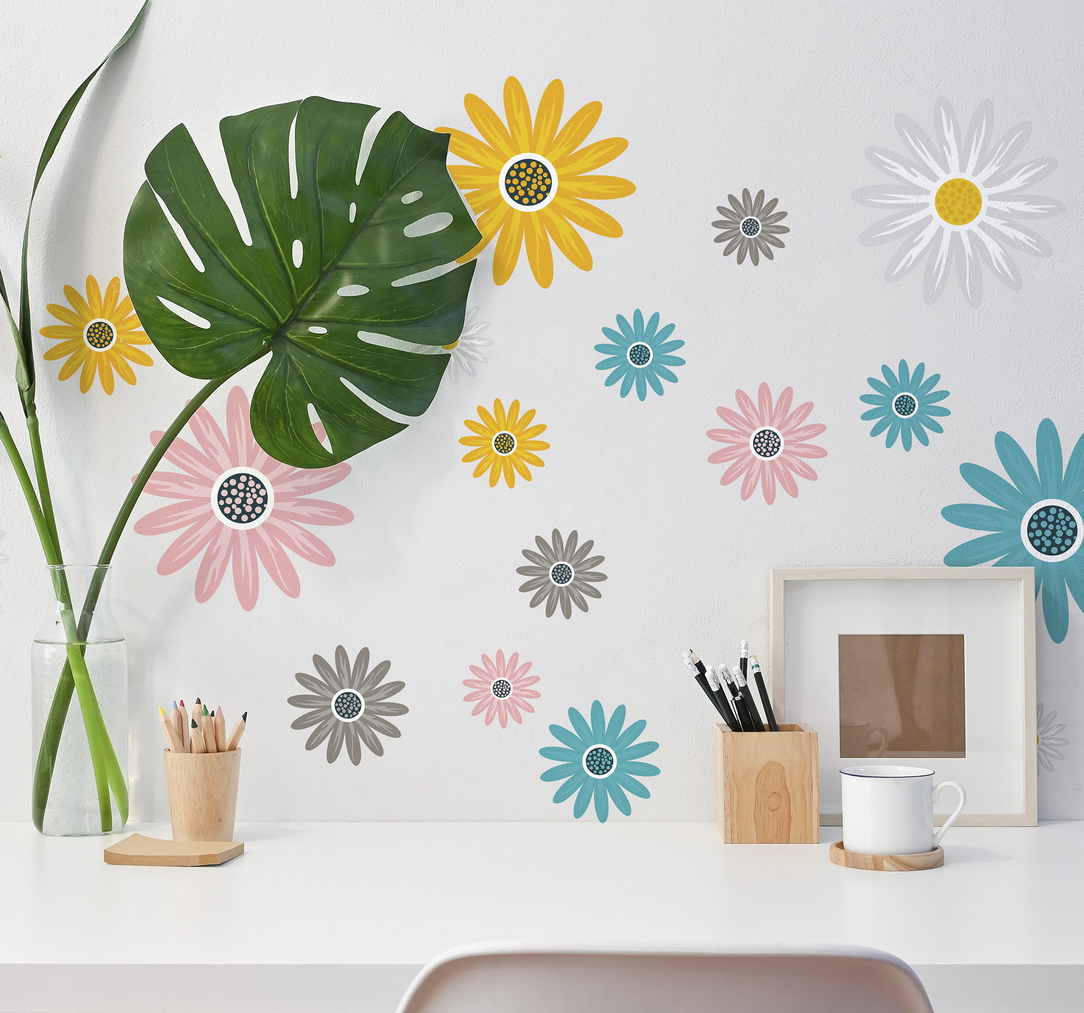 Tenstickers Set van kleurrijke madeliefjes bloemen muursticker