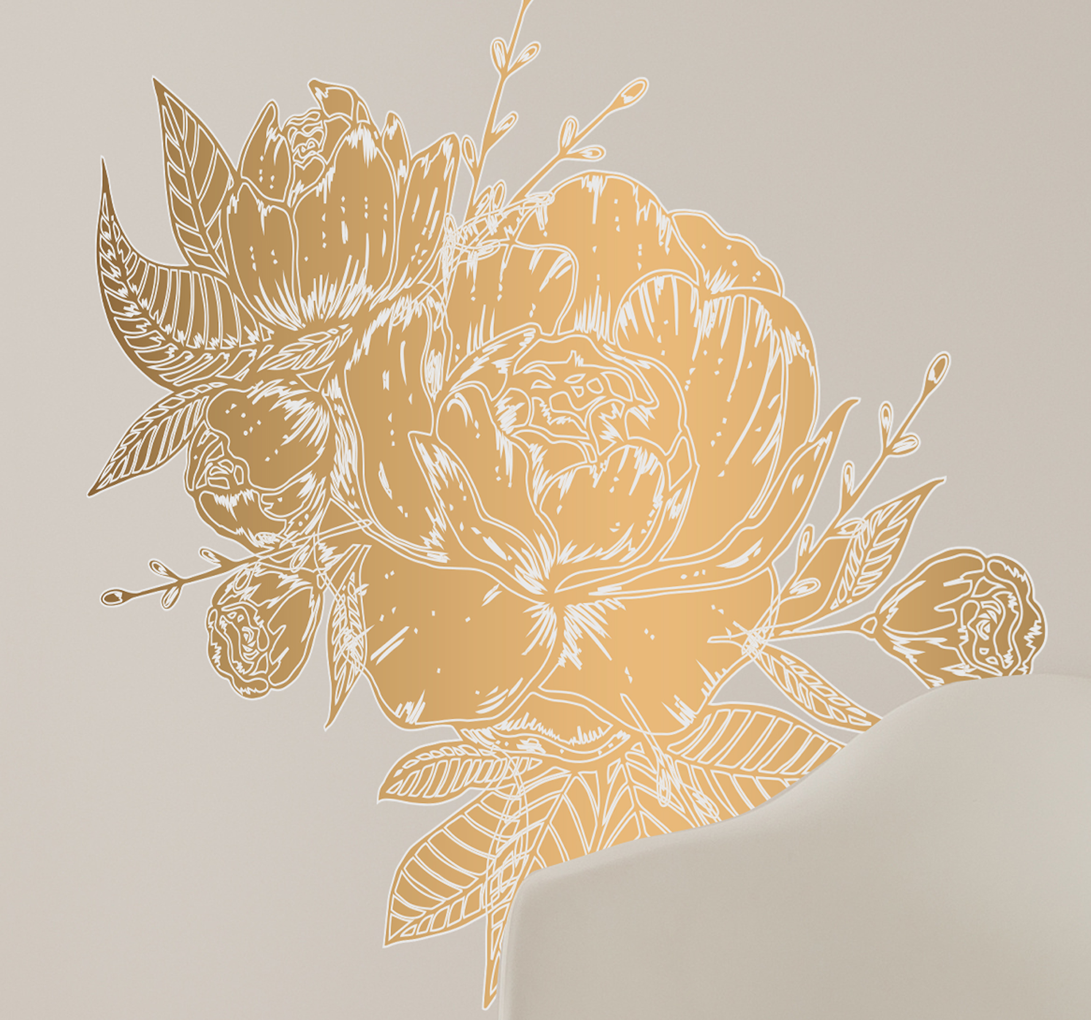 Tenstickers Bloemen muursticker met pioen goud