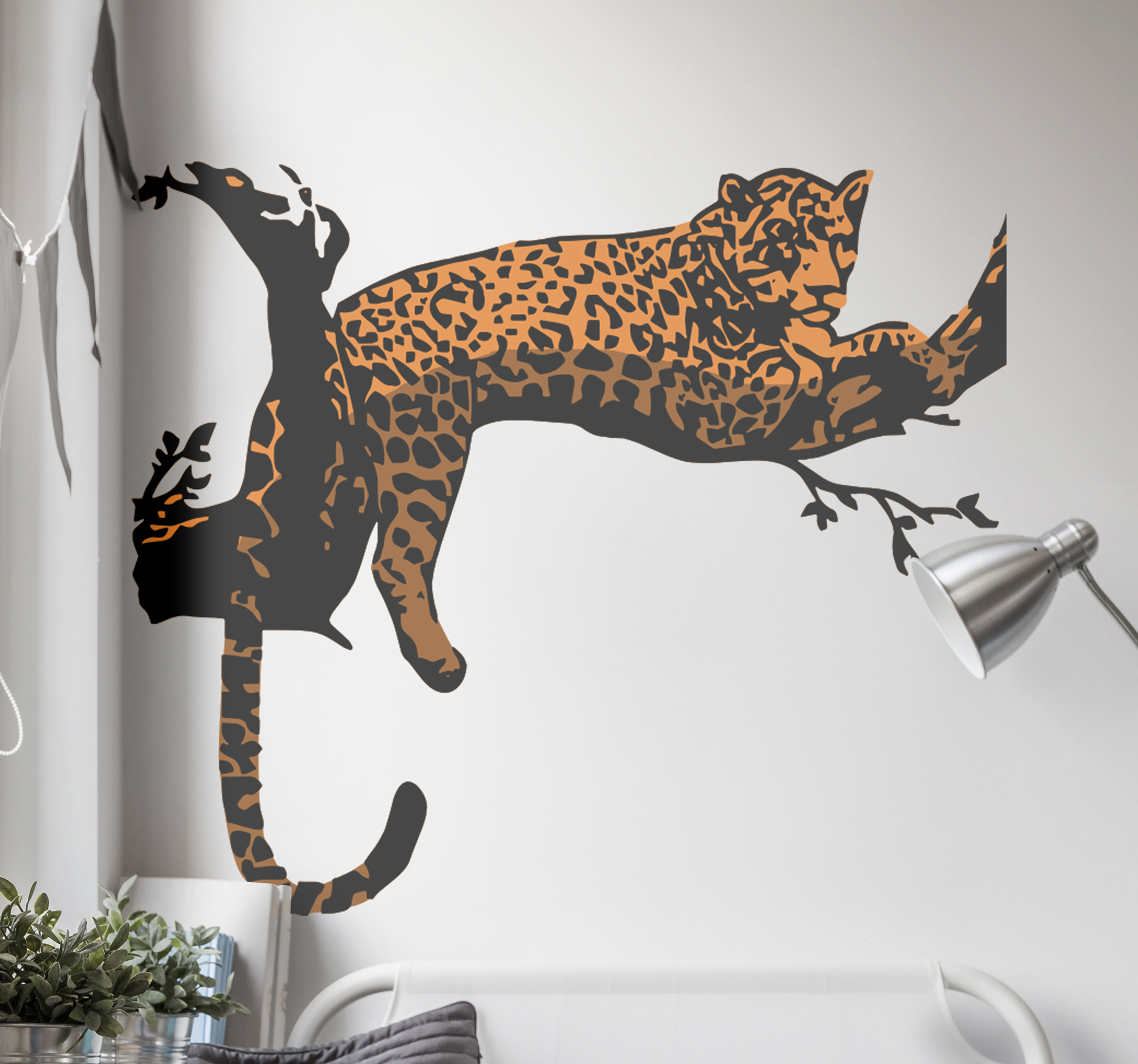 Tenstickers Muursticker kinderkamer mt tijger die op boom legt