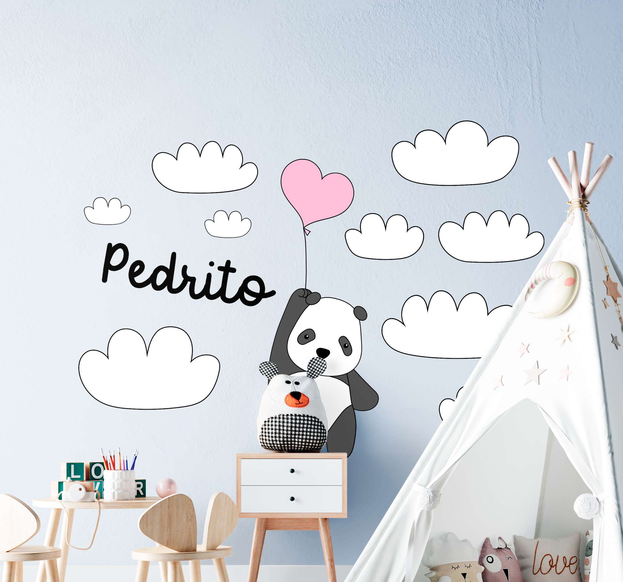 Tenstickers Muurstickers Vliegende panda met wolken en naam