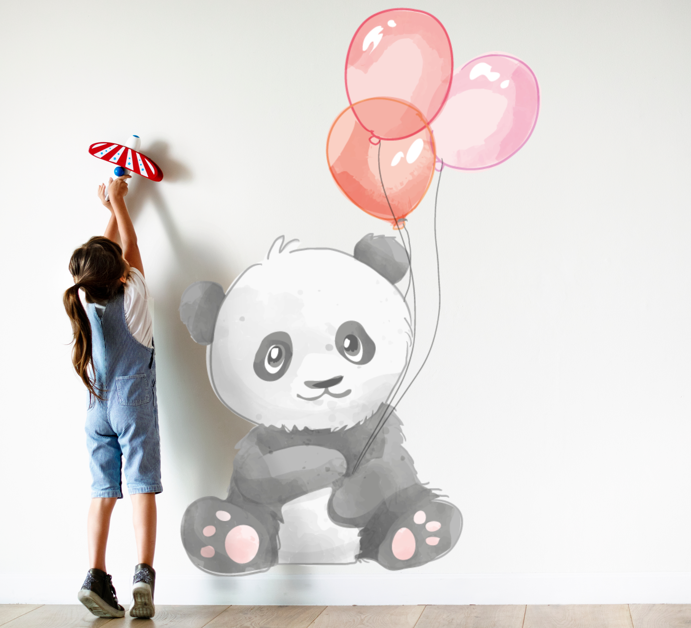 Tenstickers Muurstickers tekeningen Babybanda met drie roze luchtballonnen