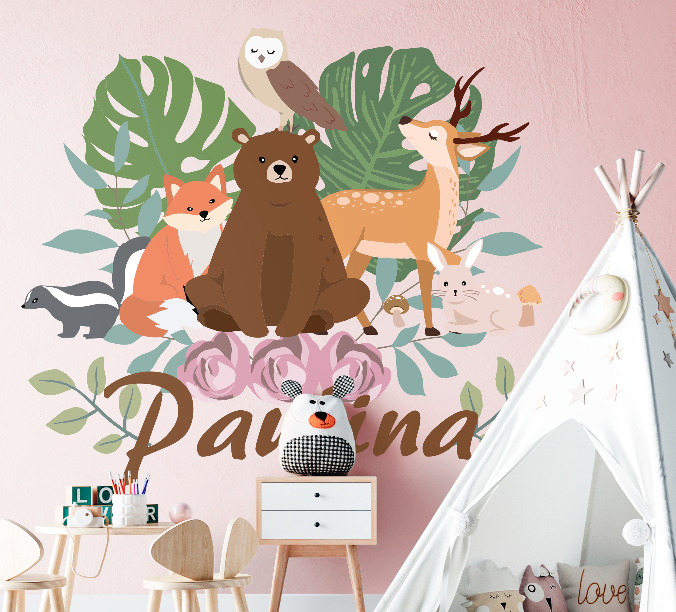 Tenstickers Wilde dieren stickers Girly bos dieren gepersonaliseerd