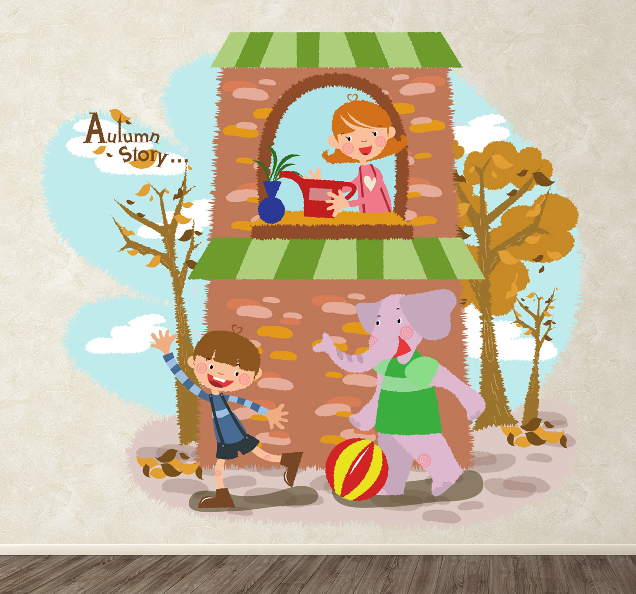 Tenstickers Muursticker kind spelende kinderen olifant