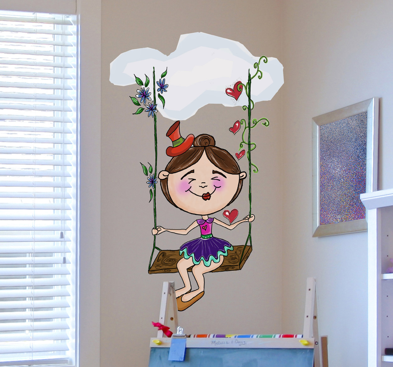 Tenstickers Meisje op schommel met bloemen sticker