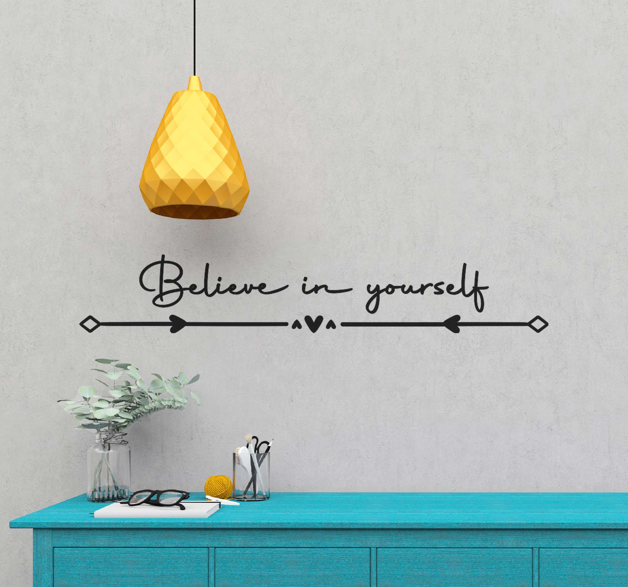 Tenstickers Tekst sticker believe in yourself met pijl