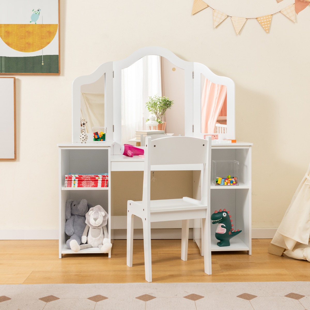 Costway 2-In-1 Make-Uptafel voor Kinderen Bureau met Stoel en Afneembare Spiegel Kaptafel voor Meisjes met Vakken Make-Upcommode (Wit)