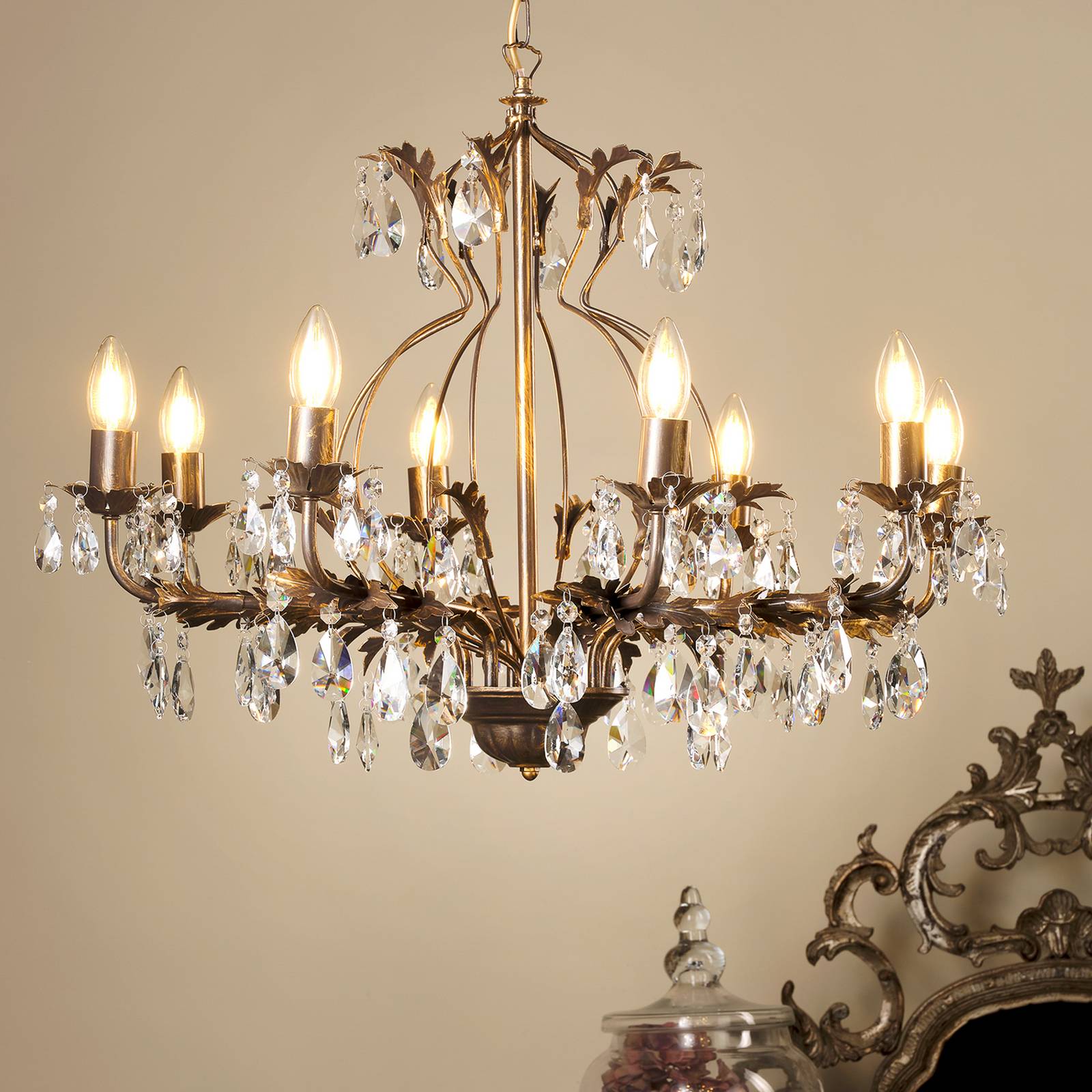 ONLI Kroonluchter Teresa, 12-lamps, bronskleurig, kristal