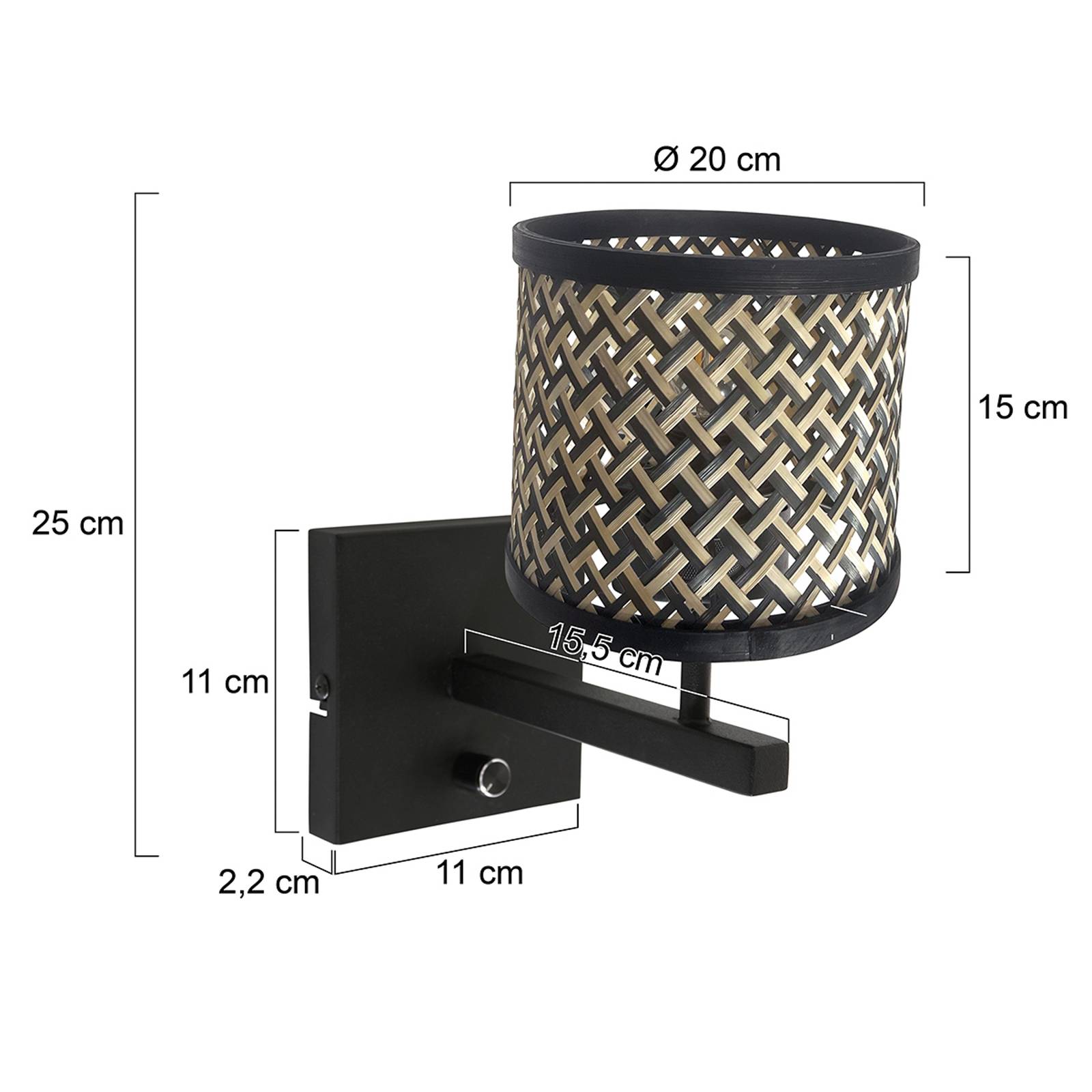 Steinhauer Wandlamp Stang met dimmer zwart en bamboe kapje 3709ZW