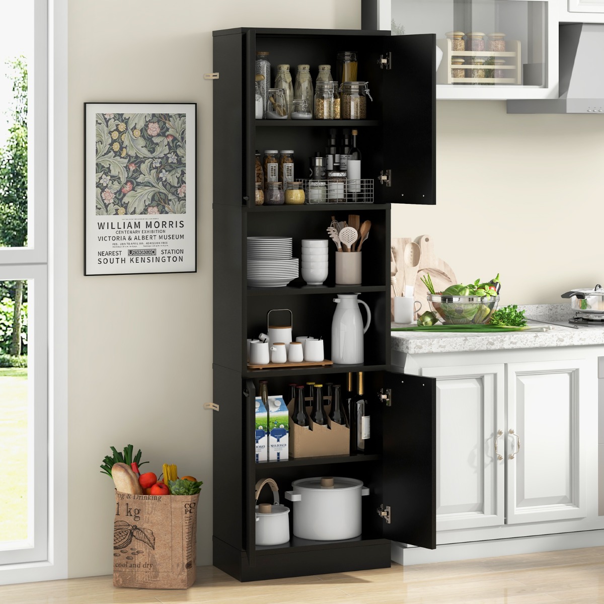 Costway 190 cm Keukenkast Hoge Kast met Deuren Planken Veiligheidsscharnieren en Kantelbeveiliging Dressoir Multifunctionele Kast
