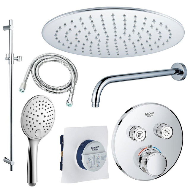 Grohe Grohtherm Regendoucheset opbouw - hoofddouche 20 cm - handdouche rond - wandarm - glijstang 90 cm - chroom sw105953 SW104917  SW696254 SW496814 SW767373 SW76