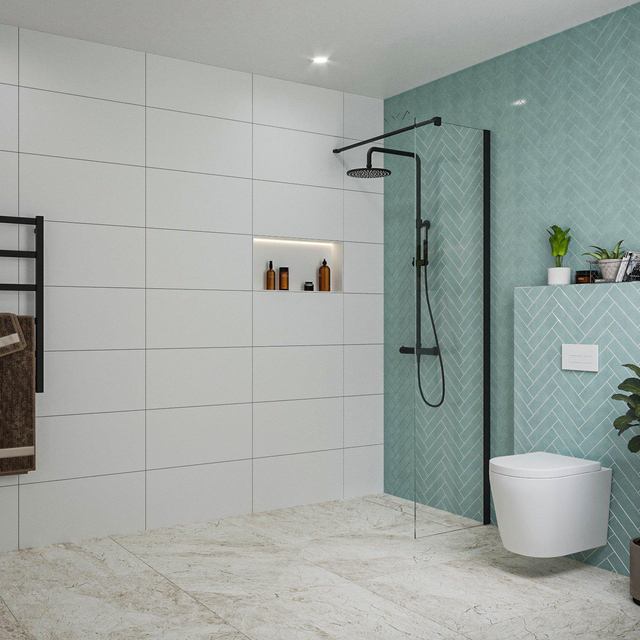 Fortifura Galeria inloopdouche - 50x200cm - helder glas - wandarm - mat zwart SW797919/SW797905