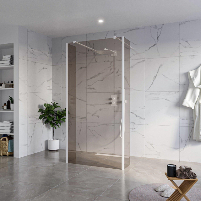 Fortifura Galeria Vrijstaande Inloopdouche - 100x200cm - Rookglas - antikalk - 8mm veiligheidsglas - 2 zijwanden 30cm - wandsteunen en hoekprofielen - Wit mat SW927768 2x/SW797940/SW797930 2x/SW541264