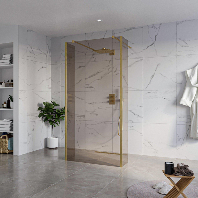 Fortifura Galeria Vrijstaande Inloopdouche - 100x200cm - Rookglas - antikalk - 8mm veiligheidsglas - 2 zijwanden 30cm - wandsteunen en hoekprofielen - Geborsteld Messing PVD (Goud) SW927770 2x/SW79794