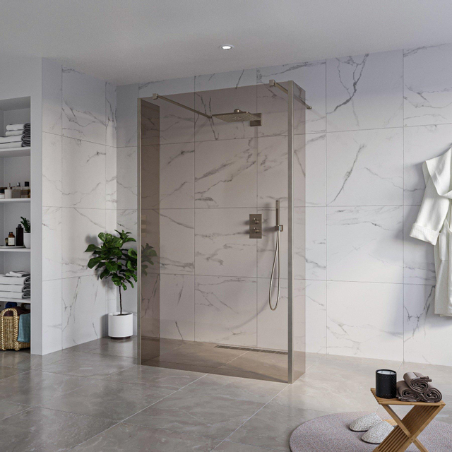 Fortifura Galeria Vrijstaande Inloopdouche - 120x200cm - Rookglas - antikalk - 8mm veiligheidsglas - 2 zijwanden 30cm - wandsteunen en hoekprofielen - Geborsteld Gunmetal PVD SW927771 2x/SW797944/SW79