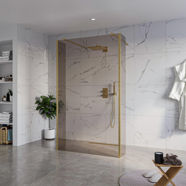 Fortifura Galeria Vrijstaande Inloopdouche - 120x200cm - Rookglas - antikalk - 8mm veiligheidsglas - 2 zijwanden 30cm - wandsteunen en hoekprofielen - Geborsteld Messing PVD (Goud) SW927770 2x/SW79794
