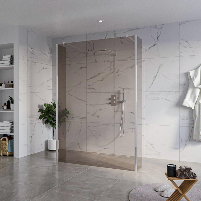 Fortifura Galeria Vrijstaande Inloopdouche - 140x200cm - Rookglas - antikalk - 8mm veiligheidsglas - 2 zijwanden 30cm - wandsteunen en hoekprofielen - Chroom SW927766 2x/SW797946/SW797930 2x/SW358024 