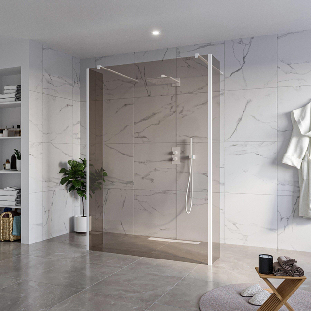 Fortifura Galeria Vrijstaande Inloopdouche - 140x200cm - Rookglas - antikalk - 8mm veiligheidsglas - 2 zijwanden 30cm - wandsteunen en hoekprofielen - Wit mat SW927768 2x/SW797946/SW797930 2x/SW541264