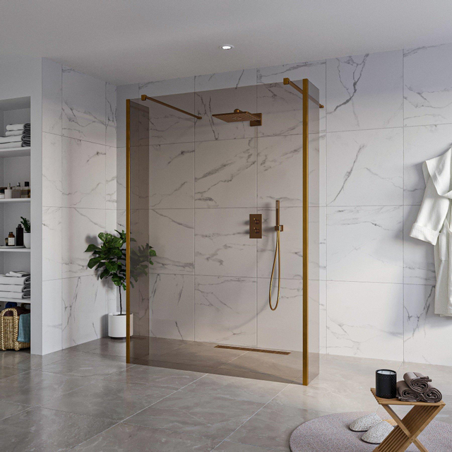 Fortifura Galeria Vrijstaande Inloopdouche - 140x200cm - Rookglas - antikalk - 8mm veiligheidsglas - 2 zijwanden 30cm - wandsteunen en hoekprofielen - Geborsteld koper PVD (Koper) SW927772 2x/SW797946