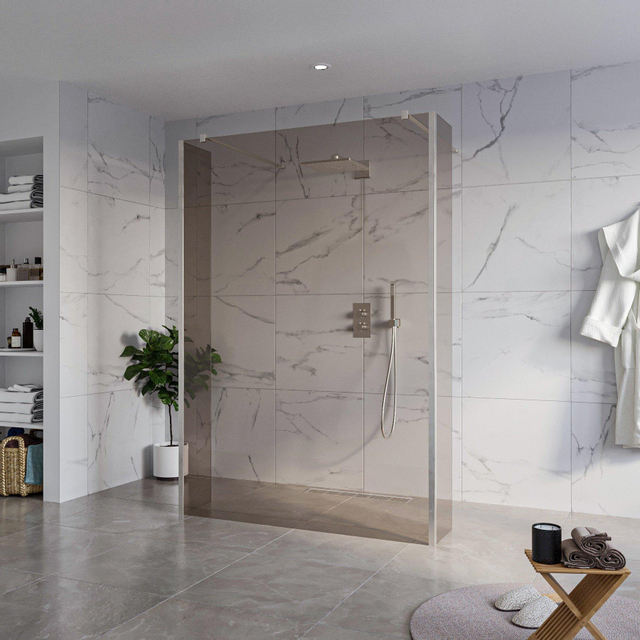 Fortifura Galeria Vrijstaande Inloopdouche - 140x200cm - Rookglas - antikalk - 8mm veiligheidsglas - 2 zijwanden 30cm - wandsteunen en hoekprofielen - Geborsteld RVS PVD (RVS) SW927769 2x/SW797946/SW7
