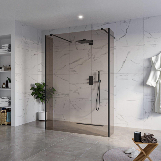 Fortifura Galeria Vrijstaande Inloopdouche - 140x200cm - Rookglas - antikalk - 8mm veiligheidsglas - 2 zijwanden 30cm - wandsteunen en hoekprofielen - Zwart mat SW927767 2x/SW797946/SW797930 2x/SW3580