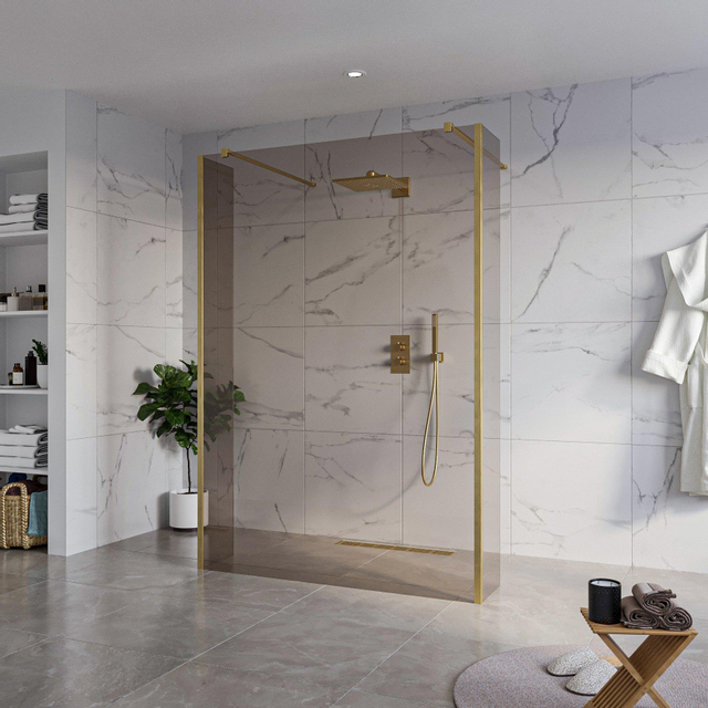 Fortifura Galeria Vrijstaande Inloopdouche - 140x200cm - Rookglas - antikalk - 8mm veiligheidsglas - 2 zijwanden 30cm - wandsteunen en hoekprofielen - Geborsteld Messing PVD (Goud) SW927770 2x/SW79794