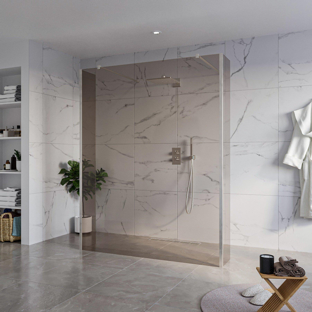 Fortifura Galeria Vrijstaande Inloopdouche - 160x200cm - Rookglas - antikalk - 8mm veiligheidsglas - 2 zijwanden 30cm - wandsteunen en hoekprofielen - Geborsteld RVS PVD (RVS) SW927769 2x/SW797942/SW7