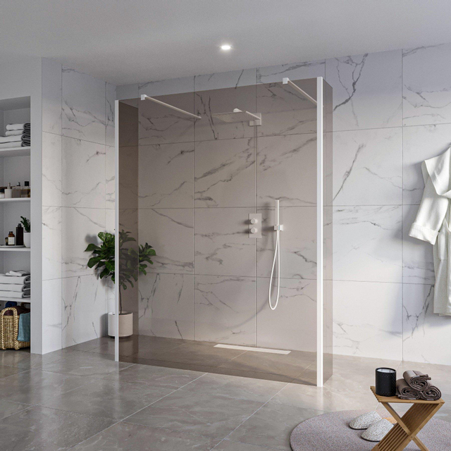 Fortifura Galeria Vrijstaande Inloopdouche - 160x200cm - Rookglas - antikalk - 8mm veiligheidsglas - 2 zijwanden 30cm - wandsteunen en hoekprofielen - Wit mat SW927768 2x/SW797942/SW797930 2x/SW541264