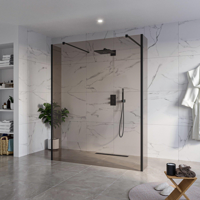 Fortifura Galeria Vrijstaande Inloopdouche - 160x200cm - Rookglas - antikalk - 8mm veiligheidsglas - 2 zijwanden 30cm - wandsteunen en hoekprofielen - Zwart mat SW927767 2x/SW797942/SW797930 2x/SW3580